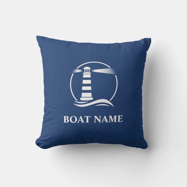 Boat Name Nautical Classic Lighthouse Navy Blue Outdoor Pillow (Front)