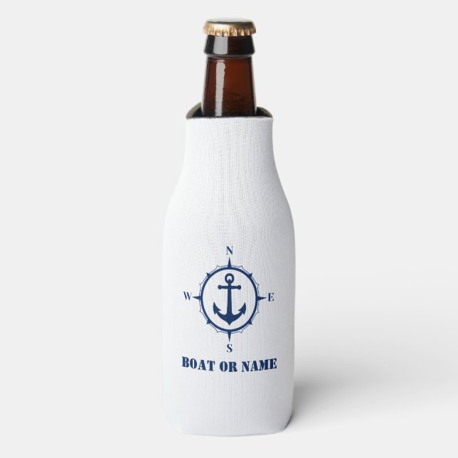 Boat Name Nautical Compass Anchor Navy on White Bottle Cooler (Bottle Front)