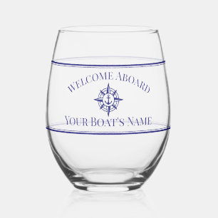 Boat Name Nautical Compass Drinkware Set Stemless Wine Glass