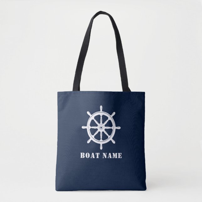 Boat Name Nautical Ships Helm Deep Navy Blue Tote Bag (Front)