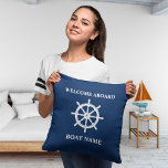 Boat Name Nautical Ships Wheel Helm Navy Blue Outdoor Pillow<br><div class="desc">Your Personalized Boat or Family Name with Classic Nautical Ships Wheel Helm on Navy Blue Throw Pillow Cushion.</div>