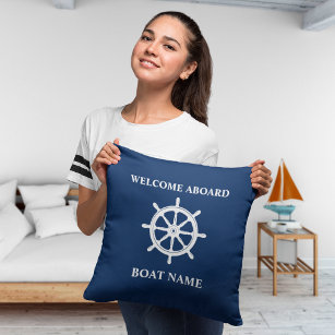 Boat Name Nautical Ships Wheel Helm Navy Blue Outdoor Pillow