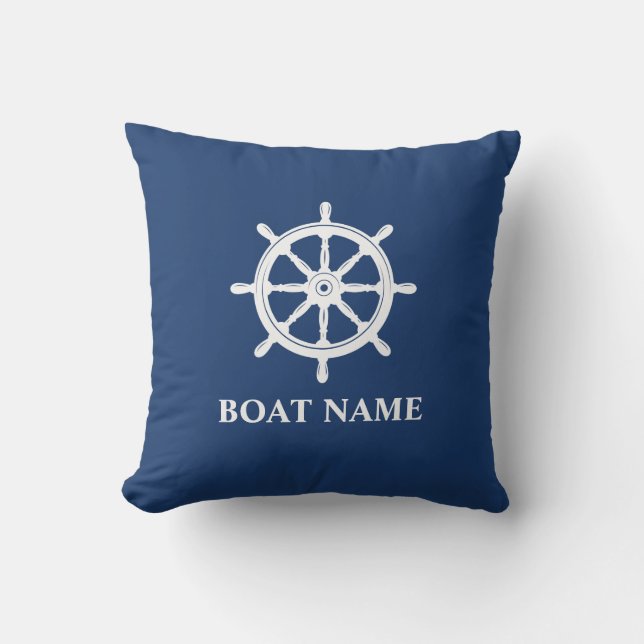 Boat Name Nautical Ships Wheel Helm Navy Blue Outdoor Pillow (Front)