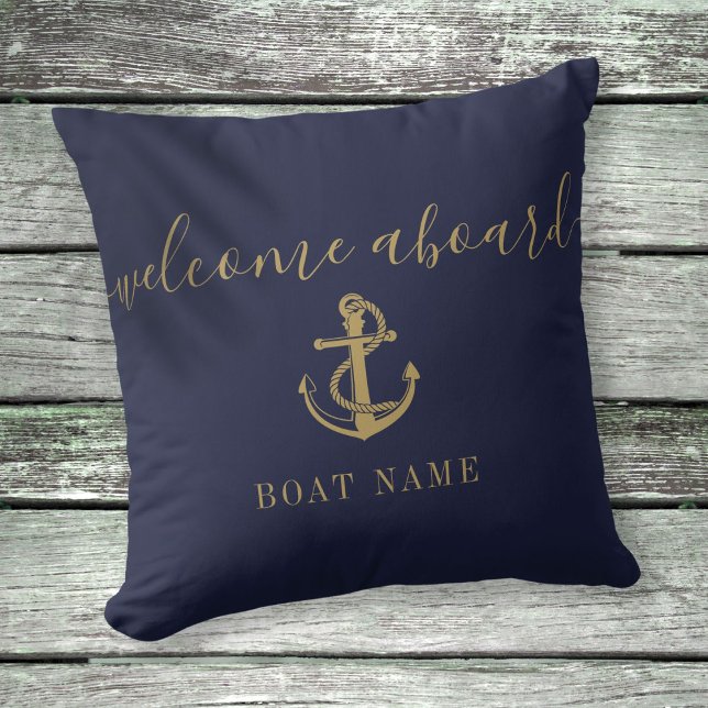 Boat Name Navy Blue And Gold Anchor Welcome Aboard Throw Pillow (Boat Name Navy Blue And Gold Anchor Welcome Aboard Throw Pillow)