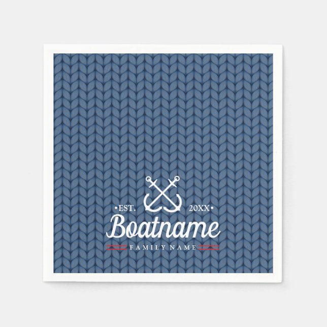Boat Name Navy Blue Nautical Personalized Knitted Napkin (Front)