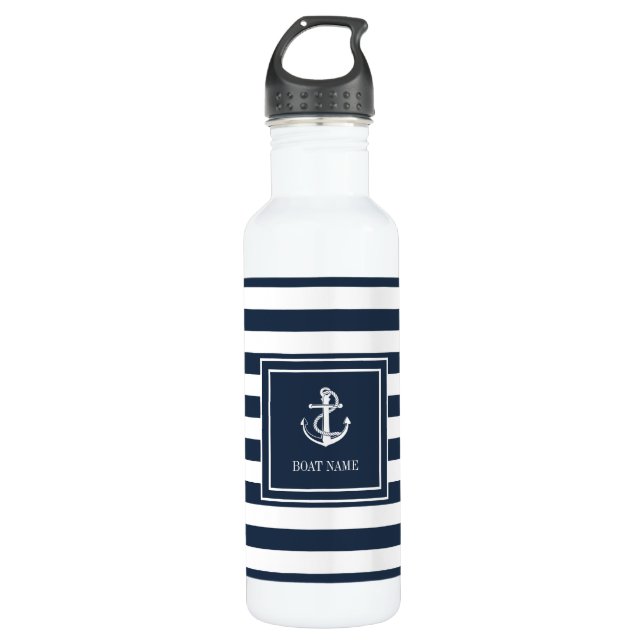 Boat Name Navy Blue Stripe Nautical Anchor 710 Ml Water Bottle (Front)