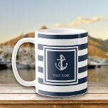 Boat Name Navy Blue Stripe Nautical Anchor Coffee Mug<br><div class="desc">A nautical design featuring an anchor,  stylish navy blue and white stripes and personalized with your boat name. Designed by Thisisnotme©</div>