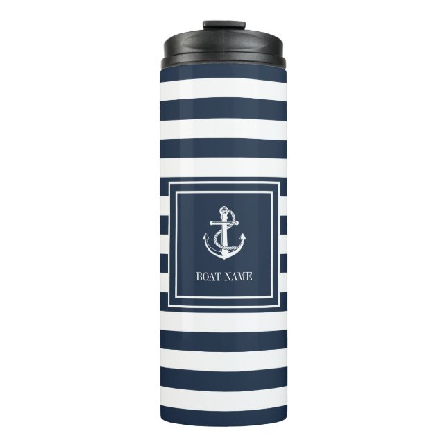 Boat Name Navy Blue Stripe Nautical Anchor Thermal Tumbler (Front)