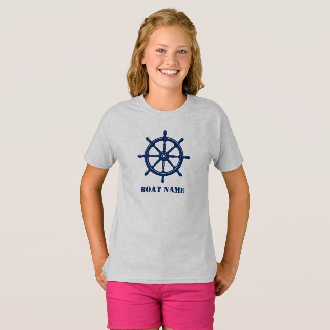Boat Name or Your Name Ship Helm Wheel Navy & Grey T-Shirt (Front Full)