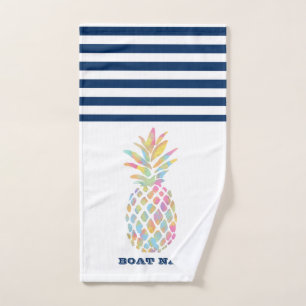Boat Name,Pineapple  Navy Blue White Striped Bath Towel Set