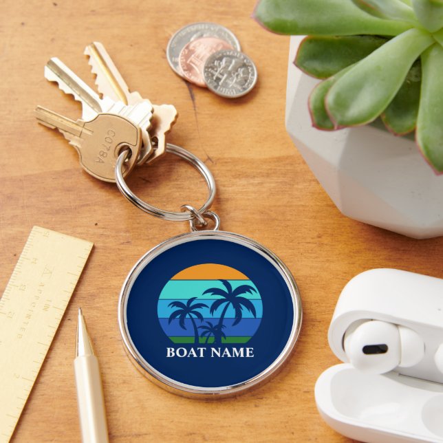 Boat Name Sun Palm Trees Blue Premium Round Keychain (Desk)