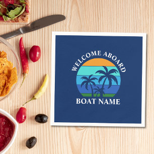 Boat Name Sun Palm Trees Welcome Aboard Blue Napkin