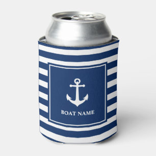 Boat Name Vintage Nautical Anchor Blue Stripes Can Cooler