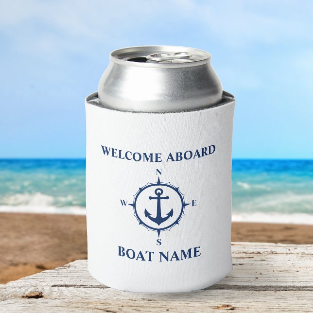 Boat Name Welcome Aboard Nautical Compass Anchor Can Cooler (Creator Uploaded)