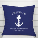 Boat Nautical Anchor Navy Blue Captain Family Name Outdoor Pillow<br><div class="desc">A modern nautical-themed outdoor pillow for your boat that features a white illustration of an anchor on a dark navy blue background. You can personalize with your boat's name,  a line of text for the captain's or family's name or something similar,  and a location.</div>
