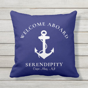 Boat Nautical Anchor Navy Blue Welcome Aboard Outdoor Pillow