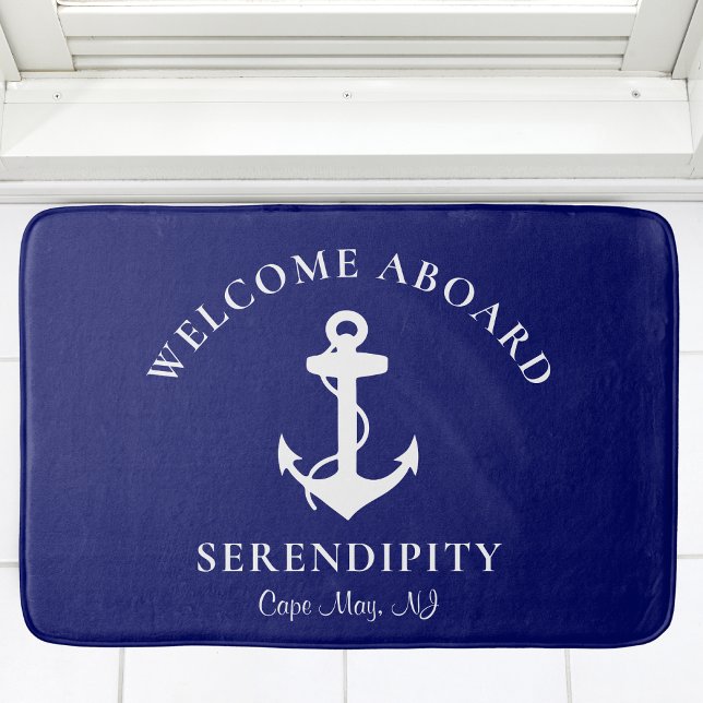 Boat Nautical Anchor Navy Monogram Welcome Aboard Bath Mat (Creator Uploaded)