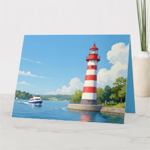 Boat near a lighthouse Folded Greeting Card