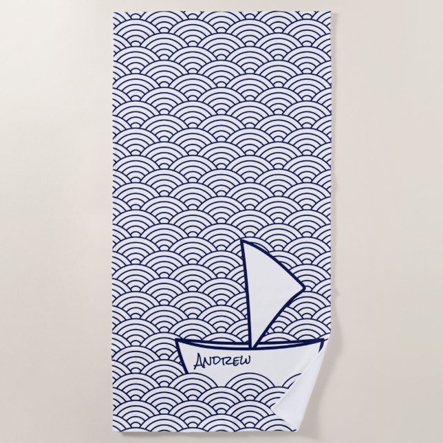 Boat on Waves Beach Towel (Front)