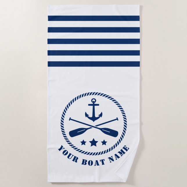 Boat or Name Nautical Anchor & Oars  Paddles White Beach Towel (Front)