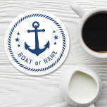 Boat or Name Vintage Anchor Stars Rope Blue White Round Paper Coaster<br><div class="desc">A stylish nautical round coaster set with your personalized name,  boat name or other desired text. Features a custom vintage ship anchor with stars and rope design. In beautiful navy blue on a white base or easily customize the base colour to match your current decor or theme.</div>