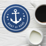 Boat or Name Vintage Anchor Stars Rope Navy Blue Round Paper Coaster<br><div class="desc">A stylish nautical round coaster set with your personalized name,  boat name or other desired text. Features a custom vintage ship anchor with stars and rope design. White on beautiful navy blue or easily customize the base colour to match your current decor or theme.</div>