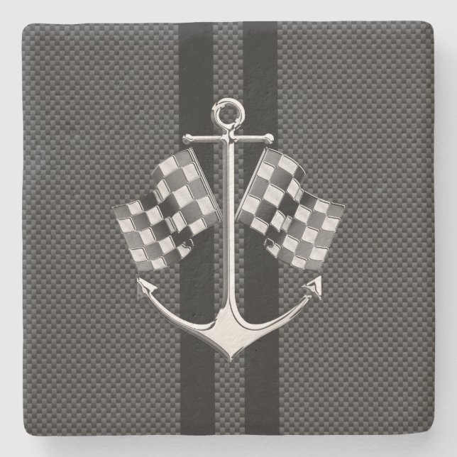 Boat Racing Nautical in Black Carbon Fibre Style Stone Coaster (Front)