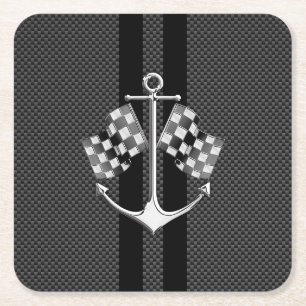 Boat Racing Nautical in Carbon Fibre Style Square Paper Coaster