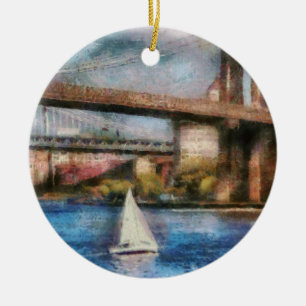 Boat - Sailing under the Brooklyn Bridge Ceramic Ornament