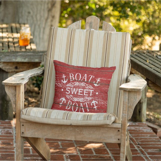 Boat Sweet Boat Quote And Anchor On Red Woodgrain Outdoor Pillow (Chair)