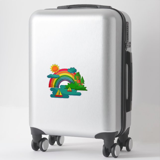 Boat travel landscape under sun clouds and rainbow (Suitcase)
