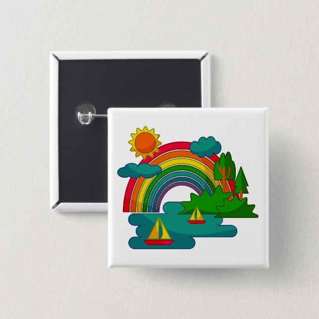 Boat travel landscape under sun clouds and rainbow 2 inch square button (Front & Back)