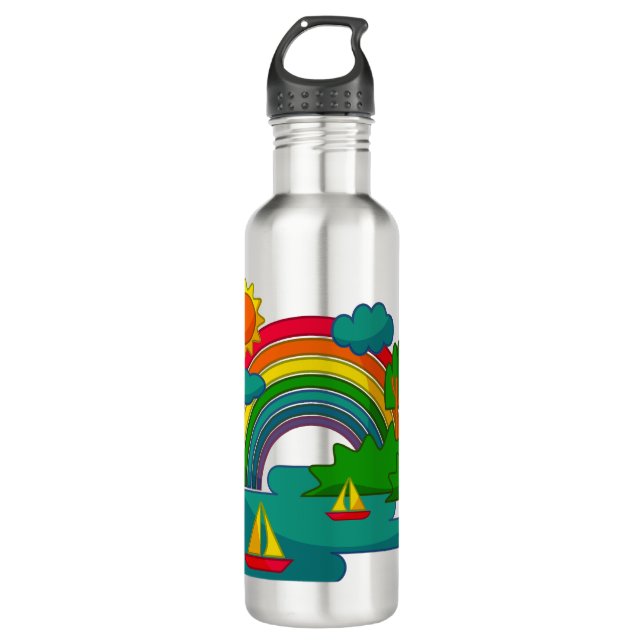 Boat travel landscape under sun clouds and rainbow 710 ml water bottle (Front)