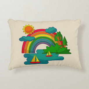 Boat travel landscape under sun clouds and rainbow accent pillow