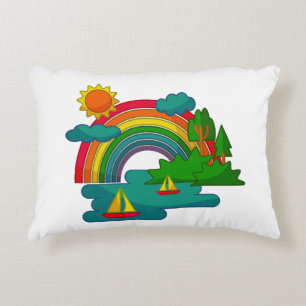 Boat travel landscape under sun clouds and rainbow accent pillow