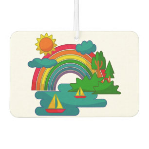 Boat travel landscape under sun clouds and rainbow air freshener
