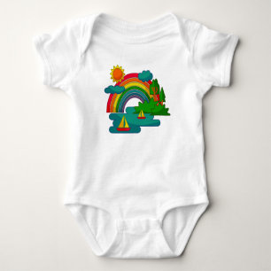 Boat travel landscape under sun clouds and rainbow baby bodysuit