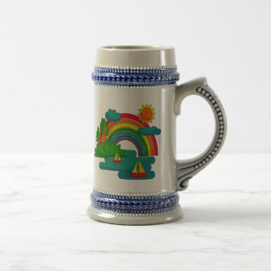 Boat travel landscape under sun clouds and rainbow beer stein