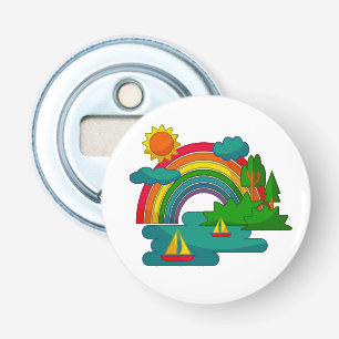 Boat travel landscape under sun clouds and rainbow bottle opener