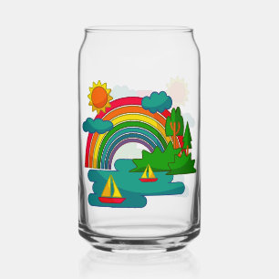 Boat travel landscape under sun clouds and rainbow can glass