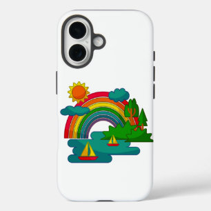 Boat travel landscape under sun clouds and rainbow iPhone 16 case