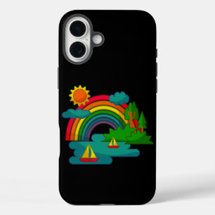 Boat travel landscape under sun clouds and rainbow iPhone 16 plus case