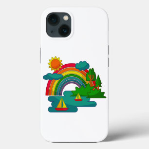 Boat travel landscape under sun clouds and rainbow iPhone 13 case