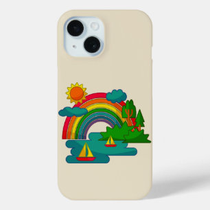 Boat travel landscape under sun clouds and rainbow iPhone 15 case