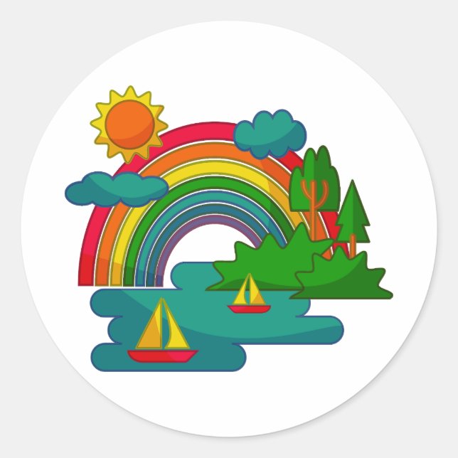 Boat travel landscape under sun clouds and rainbow classic round sticker (Front)