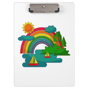 Boat travel landscape under sun clouds and rainbow clipboard