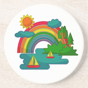 Boat travel landscape under sun clouds and rainbow coaster