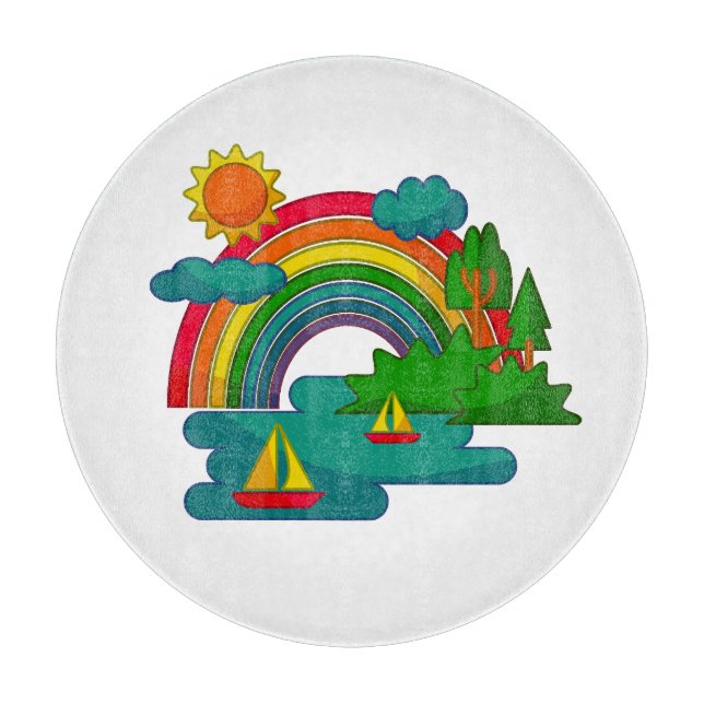 Boat travel landscape under sun clouds and rainbow cutting board (Front)