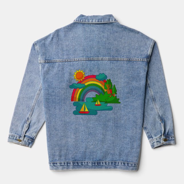 Boat travel landscape under sun clouds and rainbow denim jacket (Back)
