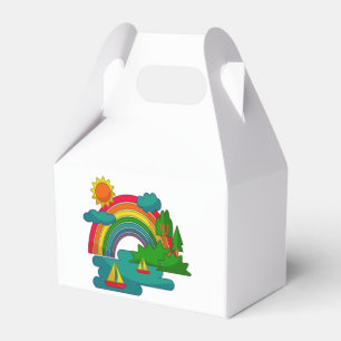 Boat travel landscape under sun clouds and rainbow favor box
